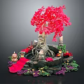 Red Tree Decorative Landscape With Exposed Roots Colorful Flowers And Ornaments