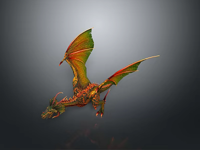 Colorful Mythical Dragon Flying With Green Red Wings And Golden Scales 3d model