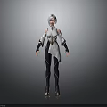 3D Character Model With Silver Hair White Top Black Pants And Decorative Details