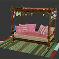 Single Bed With Wooden Frame Hanging Tassels Colorful Striped Pillows And Striped Rug