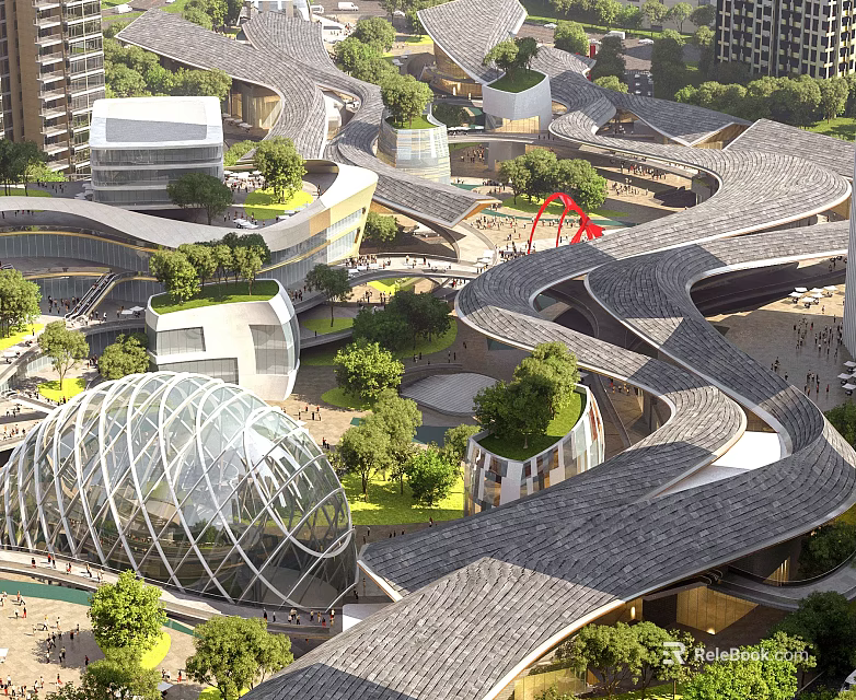 Scenic Modern Commercial Street With Green Roofs Winding Walkways And Glass Dome Structures 3d model 