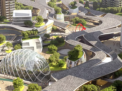Scenic Modern Commercial Street With Green Roofs Winding Walkways And Glass Dome Structures 3d model
