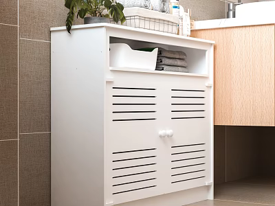 White Bathroom Cabinet With Louvered Doors Storage Shelf Potted Plant Towels Basket And Wooden Countertop 3d model