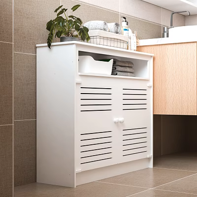White Bathroom Cabinet With Louvered Doors Storage Shelf Potted Plant Towels Basket And Wooden Countertop 3d model