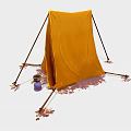 Orange Camping Tent With Door Rolled Blanket Small Kettle Pegs And Ropes On Leafy Ground