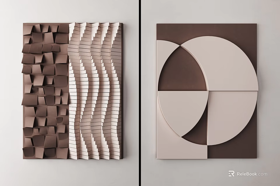 Modern Geometric Wall Decor with Brown and Beige Textured Circular Rectangular Shapes 3d model