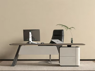 Modern Office Desk With Computer Monitor Laptop Black Chair Green Plant And White Cabinet 3d model