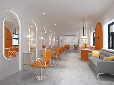 Modern Hair Salon Interior With Orange Chairs Arched Mirrors And Gray Sofa 3d model