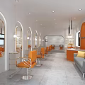Modern Hair Salon Interior With Orange Chairs Arched Mirrors And Gray Sofa