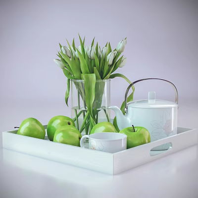 Fresh Green Apples on White Tray with Teapot Cup and Tulips Vase 3d model