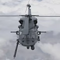 Military Helicopter Flying High in Cloudy Sky With Rotating Rotors And Aerial Equipment