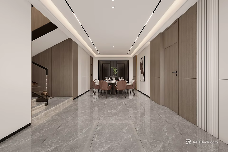 Modern Restaurant Interior Design with Marble Floor Wooden Walls and Dining Table Chairs 3d model 