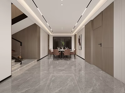Modern Restaurant Interior Design with Marble Floor Wooden Walls and Dining Table Chairs 3d model