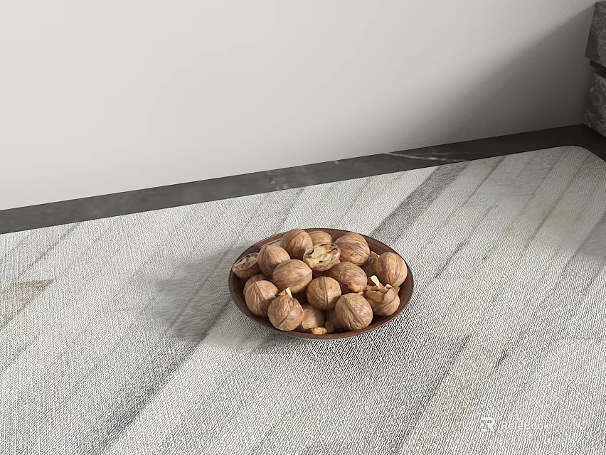 Fresh Chestnuts Arranged Neatly in a Wooden Plate on Light Colored Marble Textured Countertop 3d model 