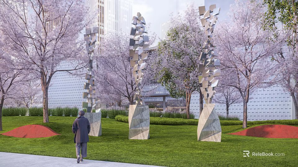 Contemporary Fragmented Metal Sculptures in Park Lawn With Cherry Blossom Trees 3d model 