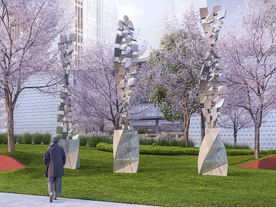 Contemporary Fragmented Metal Sculptures in Park Lawn With Cherry Blossom Trees 3d model