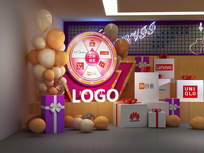 Colorful 7th Anniversary Event Setup With Balloons Gift Boxes And LOGO 3d model