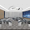 Modern Control Room With Curved Consoles Multiple Monitor Screens And Large Digital