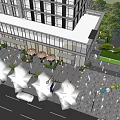 Modern Commercial Landscape with Outdoor Plaza Pedestrians Greenery and Seating