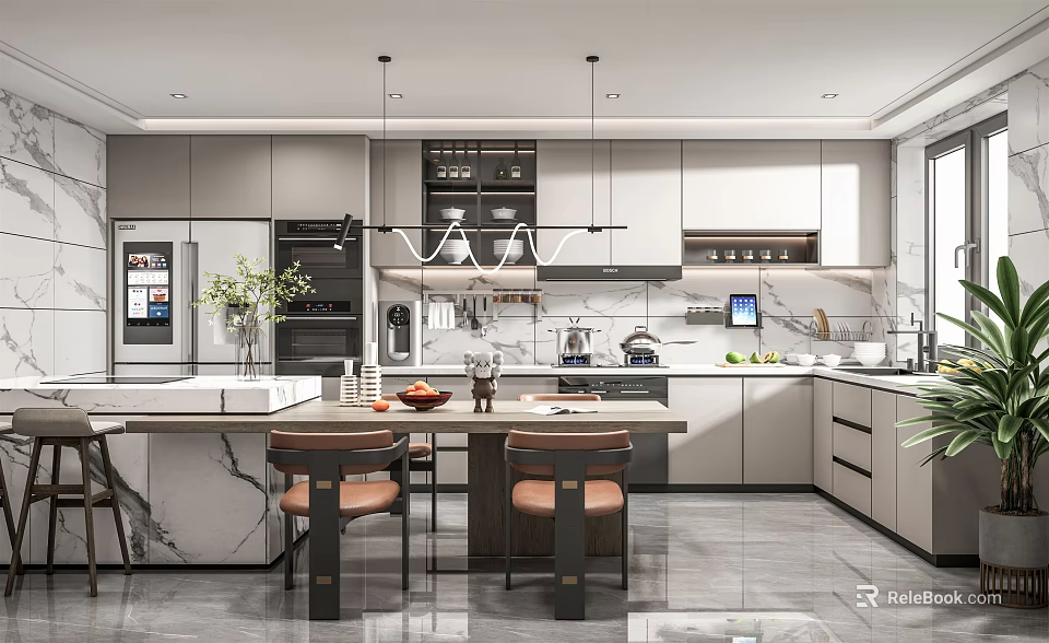 Modern Kitchen Interior With Marble Island Countertop Cabinets And Pendant Lights 3d model 