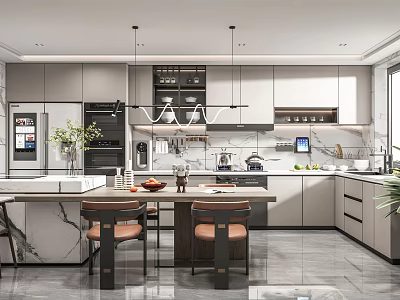Modern Kitchen Interior With Marble Island Countertop Cabinets And Pendant Lights 3d model