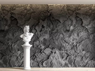 Gray Textured Stone Feature Wall With White Marble Bust And Column Pedestal 3d model