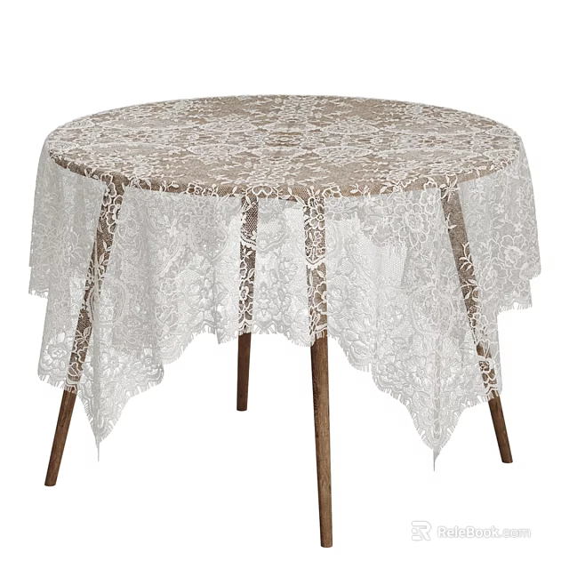 Elegant Round Dining Table With White Lace Tablecloth And Wooden Legs 3d model 