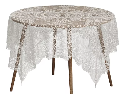 Elegant Round Dining Table With White Lace Tablecloth And Wooden Legs 3d model