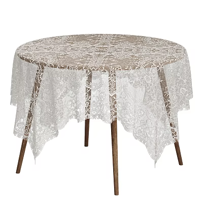 Elegant Round Dining Table With White Lace Tablecloth And Wooden Legs 3d model