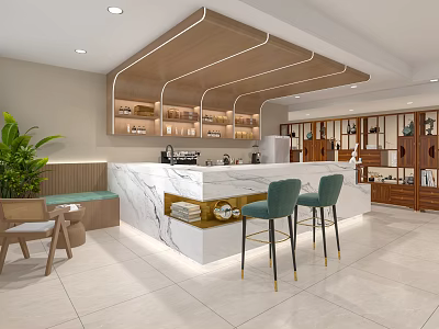 Modern Café Interior Design With Marble Counter Green Bar Stools Wooden Decor And Plants 3d model