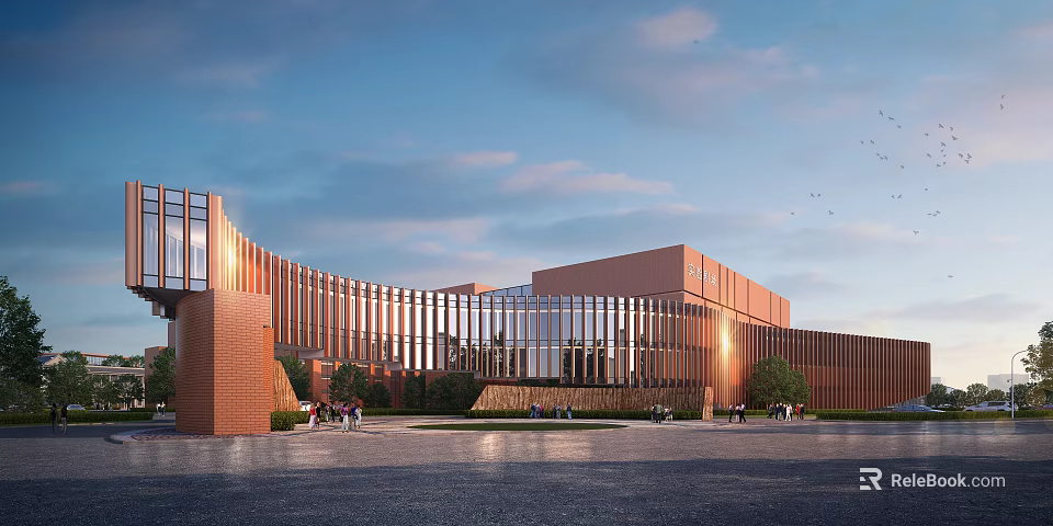 Modern School Building With Red Brick Glass Curtain Wall Curved Design And Spacious Square 3d model 