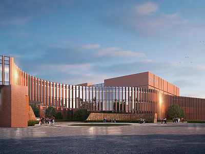 Modern School Building With Red Brick Glass Curtain Wall Curved Design And Spacious Square 3d model