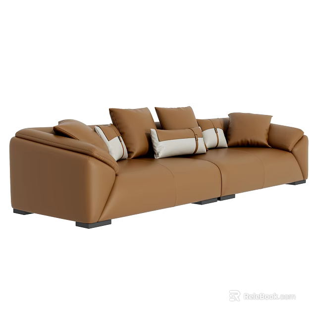 Modern Brown Leather Sectional Sofa With White And Brown Accent Pillows 3d model 
