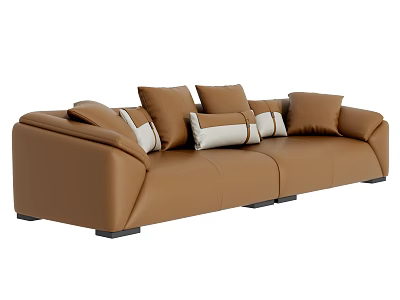 Modern Brown Leather Sectional Sofa With White And Brown Accent Pillows 3d model
