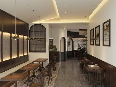 Cozy Café Interior Design With Wooden Tables Hanging Lights Green Plants And Wall Art 3d model