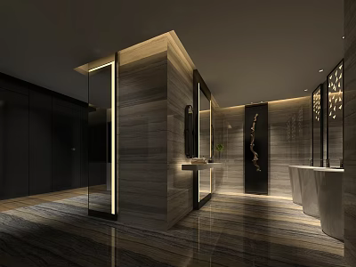 Modern Luxurious Public Restroom Interior With Marble Washbasins And Lighting Design 3d model