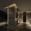 Modern Luxurious Public Restroom Interior With Marble Washbasins And Lighting Design