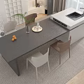 Modern Dining Table Set With Dark Tabletop Beige Brown Chairs Fruit Vase And White Island