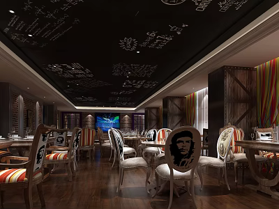 Vintage Restaurant With Black Ceiling White Hand Drawn Art Dark Wooden Flooring Striped Cushion Chairs 3d model