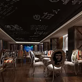 Vintage Restaurant With Black Ceiling White Hand Drawn Art Dark Wooden Flooring Striped Cushion Chairs