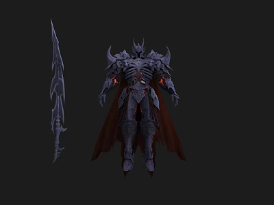 Game Movie Character in Spiked Dark Armor with Red Cape Glowing Details and Long Sword 3d model