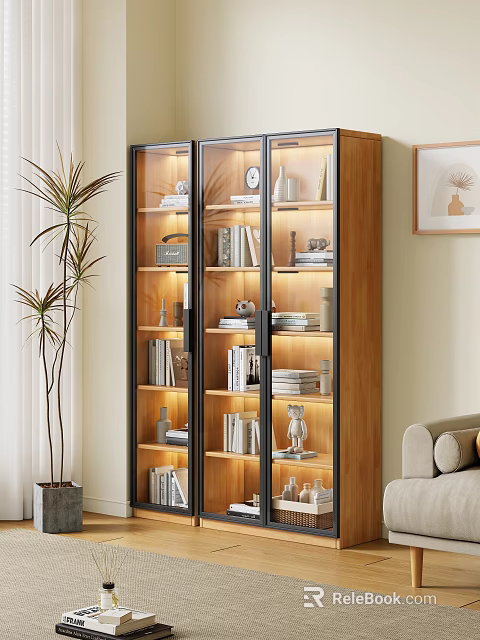 Modern Wooden Glass Door Bookcase Interior With Books Decorative Vases And Sculptures In Living Room 3d model 