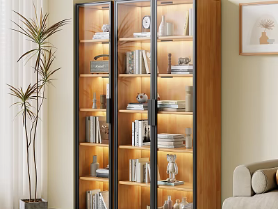 Modern Wooden Glass Door Bookcase Interior With Books Decorative Vases And Sculptures In Living Room 3d model
