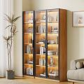 Modern Wooden Glass Door Bookcase Interior With Books Decorative Vases And Sculptures In Living Room