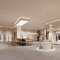 Stylish Clothing Store Interior With Logo Mannequin Hanging Clothes White Reception Counter Tables And Chairs