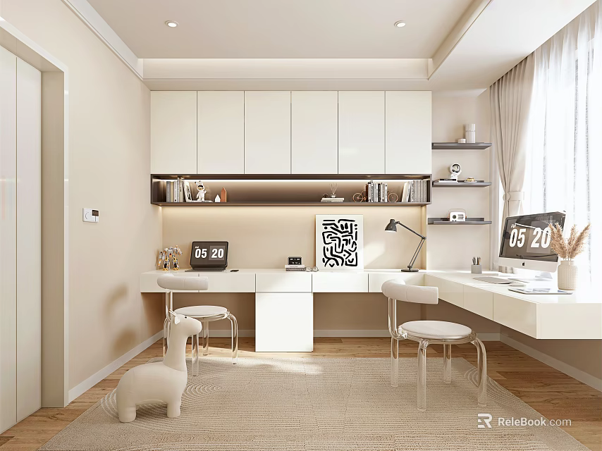 Modern Minimalist Study Room Interior With White Desks Chairs And Decor 3d model 