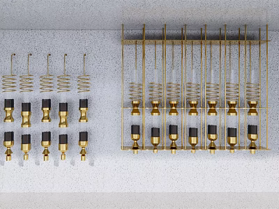 Gold And Black Metal Springs With Connectors On Wall Mounted Rack 3d model