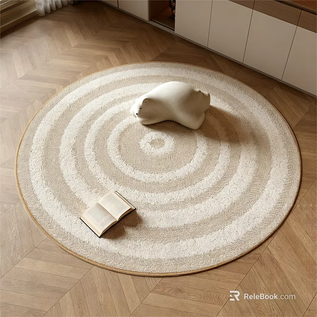 Round Beige Light Brown Concentric Circle Carpet With White Sculpture Open Book On Wooden Floor 3d model 