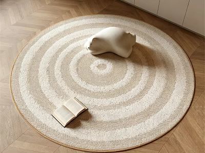 Round Beige Light Brown Concentric Circle Carpet With White Sculpture Open Book On Wooden Floor 3d model