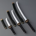 Three Traditional Japanese Swords On Wooden Display Stand With Green Sheaths And Black Handles